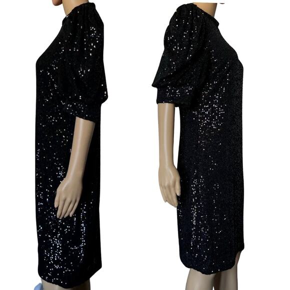 Joie Women's Sequin Puff Sleeve Back Zip Size Large Black Cocktail Evening Dress - Picture 3 of 11